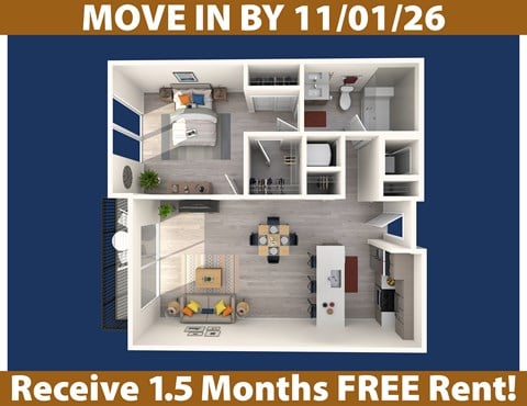 Floor plan for 1 bed, 1 bath, 780 sqft